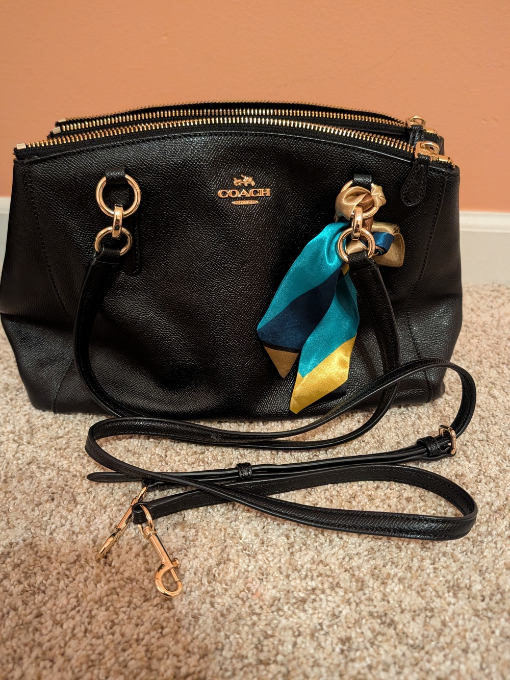 Coach Black Leather Triple-Zip Satchel with Teal & Yellow Scarf Accent
